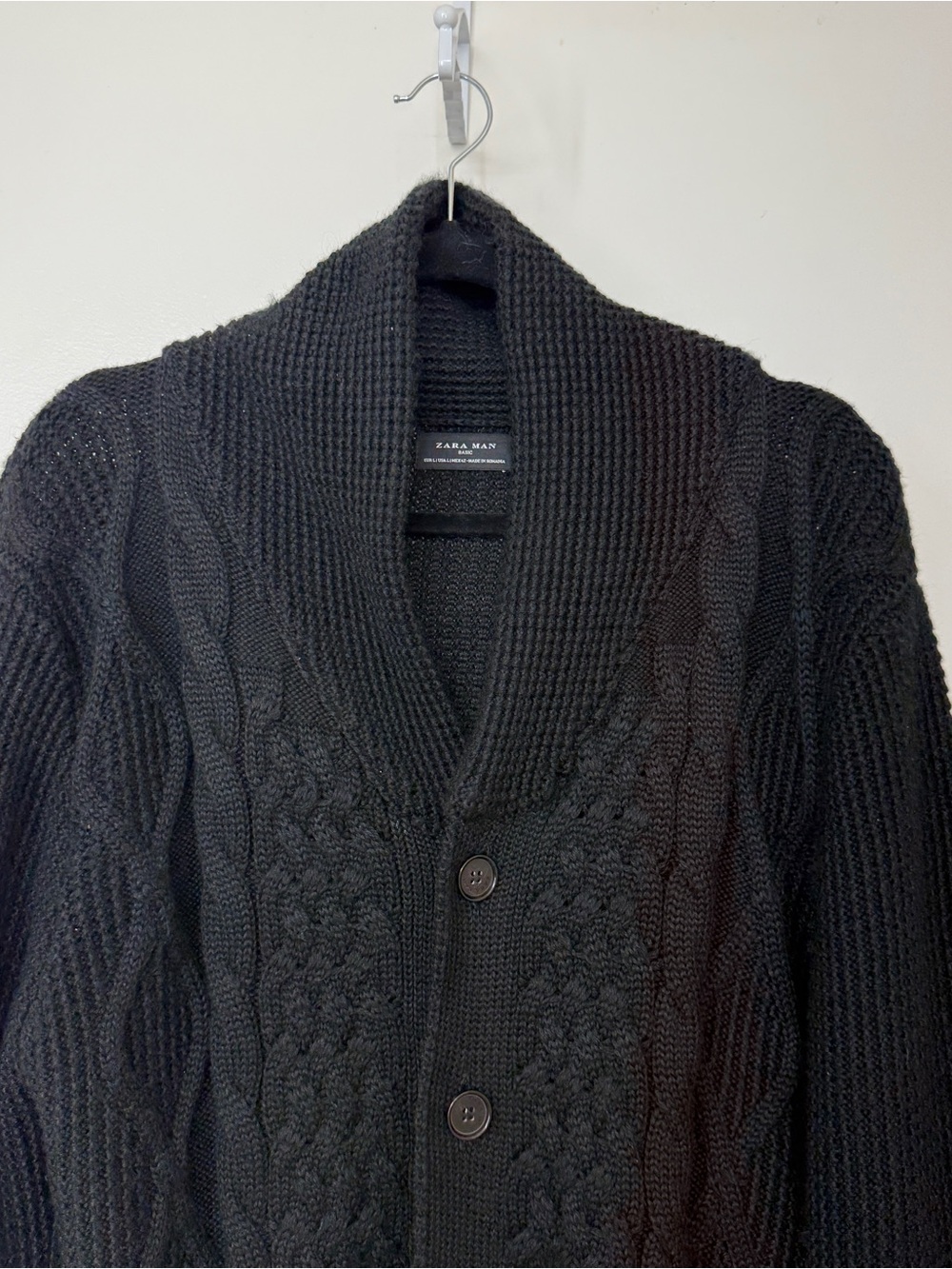 Zara Man Basic Mens Black Cable Knit Shawl Collar Cardigan Sweater Size L